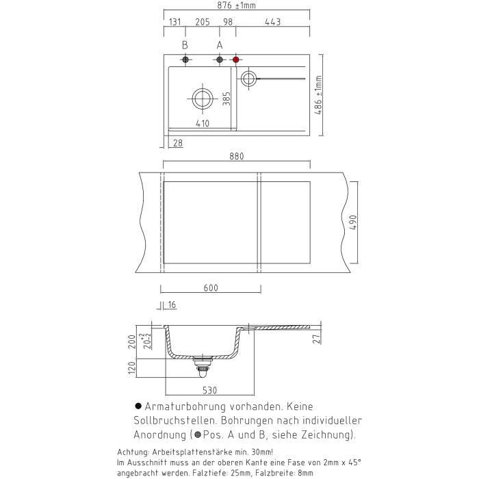 Systemceram Keradomo Stema 90 F Spüle links für flächenbündigen Einbau mit Handbetätigung, inkl. Armaturbohrung