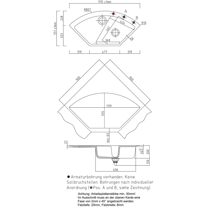 Systemceram Keradomo Mera Eck F Spüle für flächenbündigen Einbau mit Excenterbetätigung, inkl. Armaturbohrung