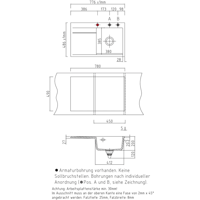 Systemceram Keradomo Stema 80 F Spüle rechts für flächenbündigen Einbau mit Handbetätigung, inkl. Armaturbohrung