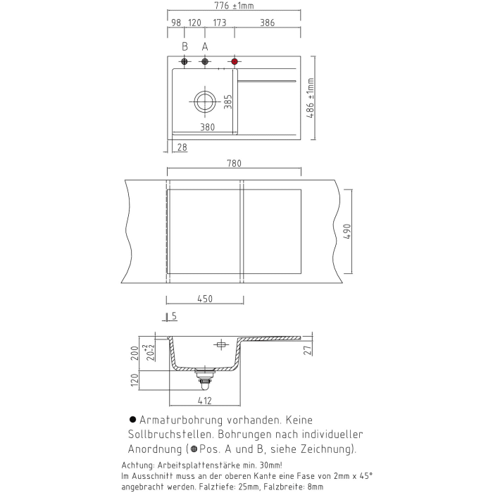 Systemceram Keradomo Stema 80 F Spüle links für flächenbündigen Einbau mit Excenterbetätigung, inkl. Armaturbohrung