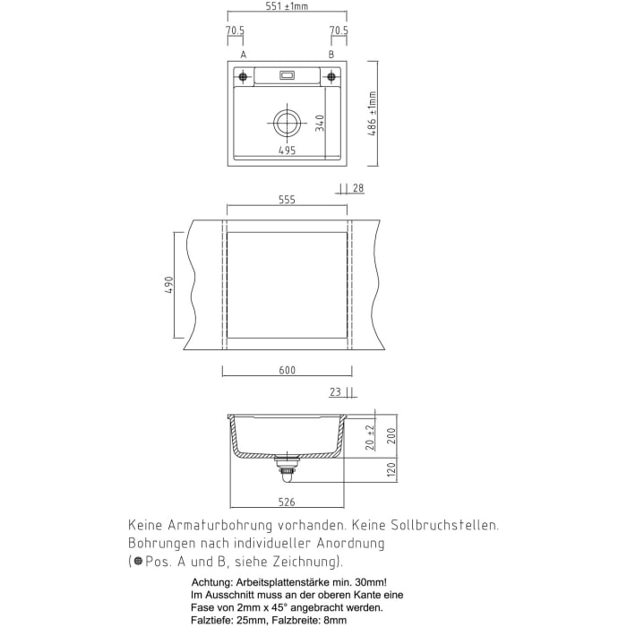 Systemceram Keradomo Bela 57 F Spüle für flächenbündigen Einbau mit Excenterbetätigung, ohne Hahnlochbohrung