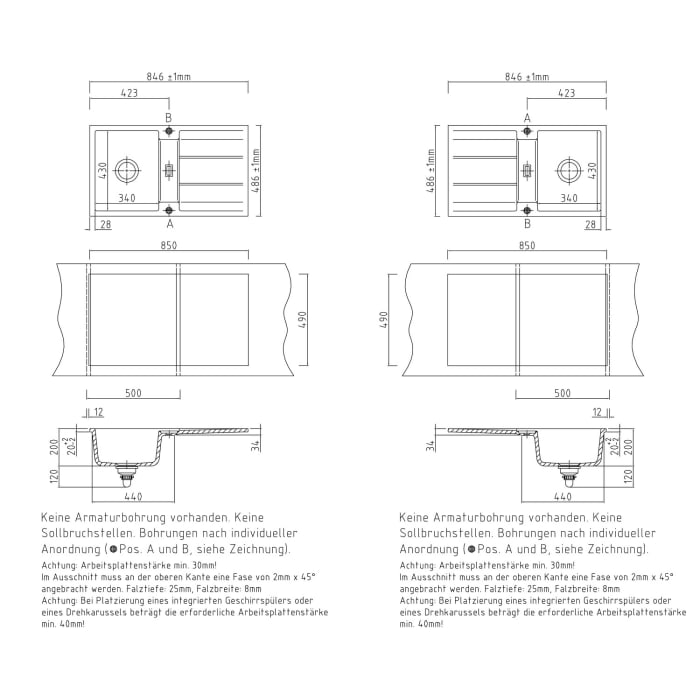 Systemceram Keradomo Genea 87 F Spüle reversibel für flächenbündigen Einbau mit Excenterbetätigung, ohne Hahnlochbohrung