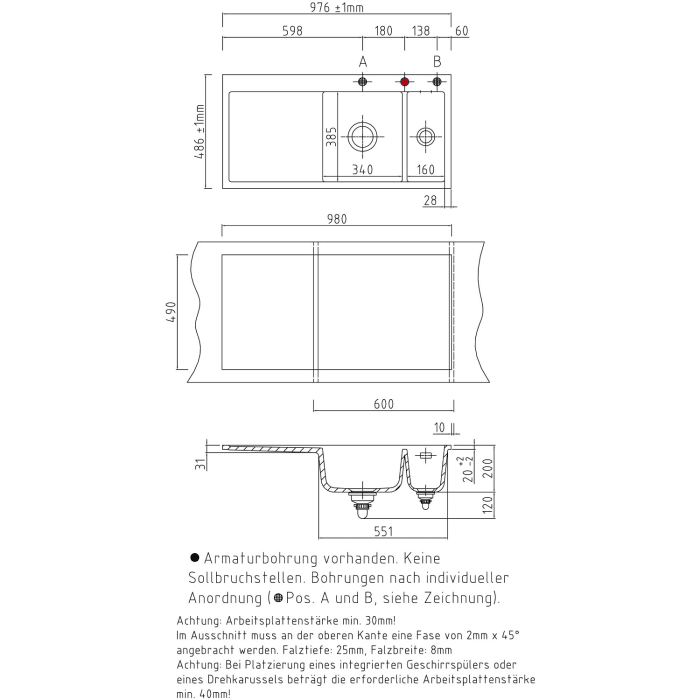 Systemceram Keradomo Mera 100 F Spüle rechts für flächenbündigen Einbau mit Excenterbetätigung, inkl. Armaturbohrung