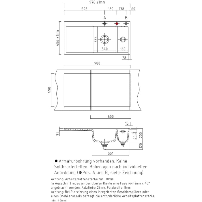 Systemceram Keradomo Mera 100 F Spüle rechts für flächenbündigen Einbau mit Excenterbetätigung, inkl. Armaturbohrung