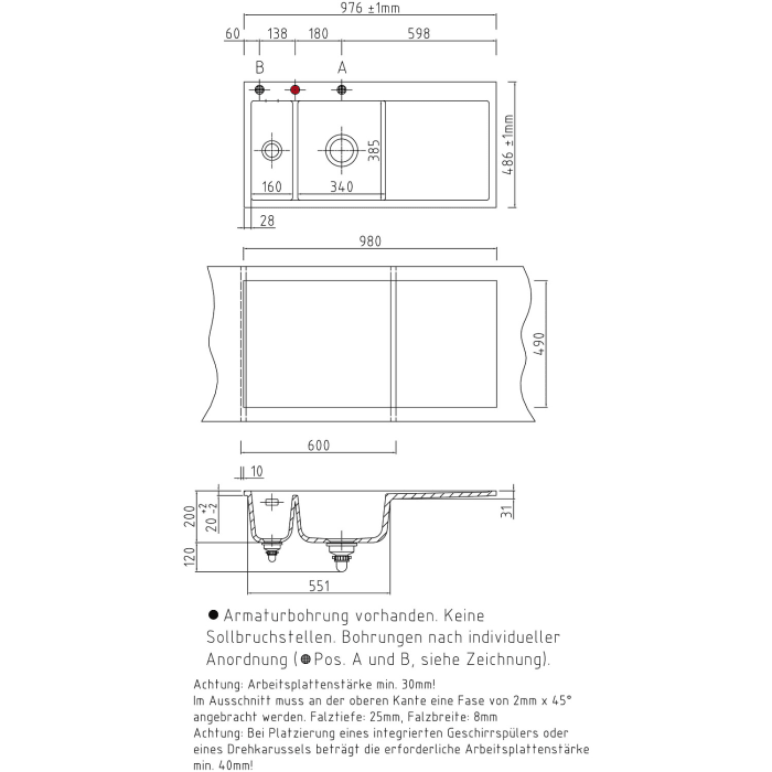 Systemceram Keradomo Mera 100 F Spüle links für flächenbündigen Einbau mit Handbetätigung, inkl. Armaturbohrung