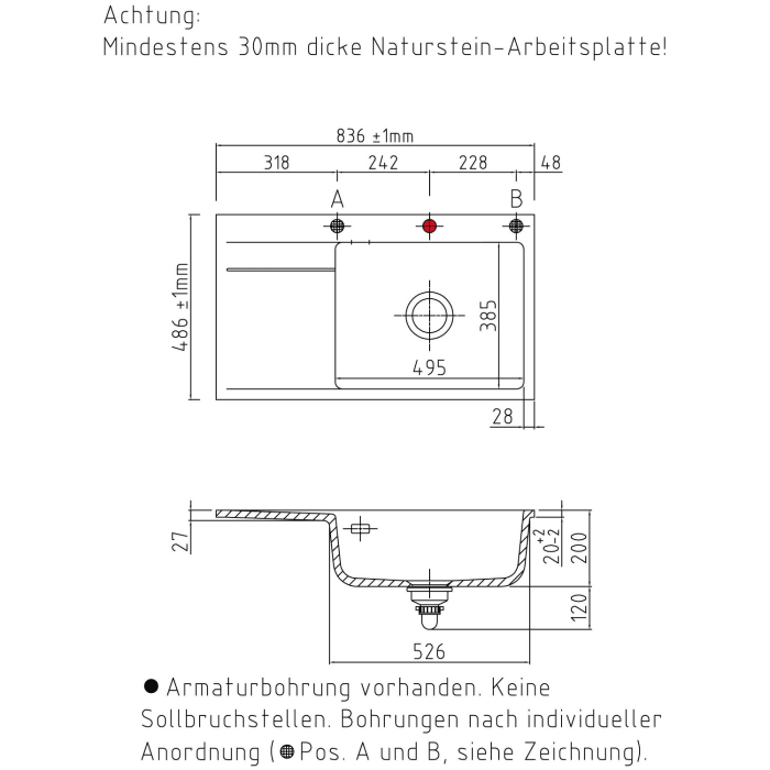 Systemceram Keradomo Stema 86 SL/ F Spüle rechts für flächenbündigen Einbau mit Excenterbetätigung, inkl. Armaturbohrung