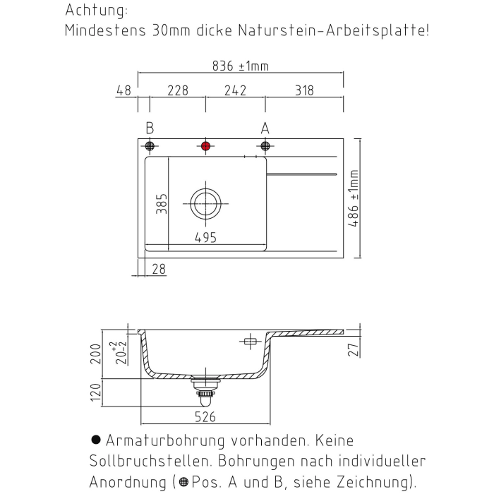 Systemceram Keradomo Stema 86 SL/ F Spüle links für flächenbündigen Einbau mit Excenterbetätigung, inkl. Armaturbohrung
