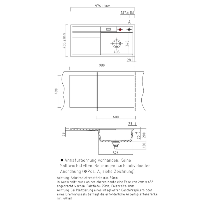Systemceram Keradomo Bela 100 F Spüle links für flächenbündigen Einbau mit Handbetätigung, inkl. Armaturbohrung