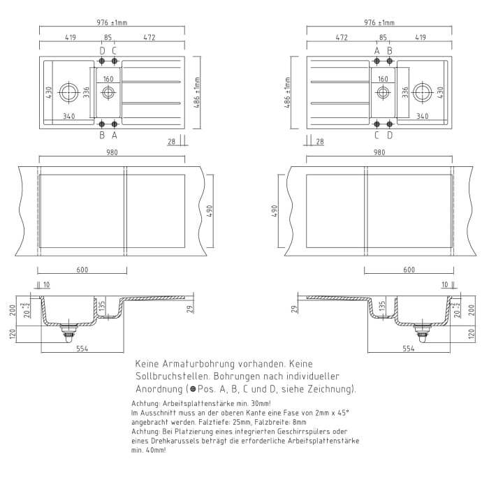 Systemceram Keradomo Genea 100 F Spüle reversibel für flächenbündigen Einbau mit Excenterbetätigung, ohne Hahnlochbohrung