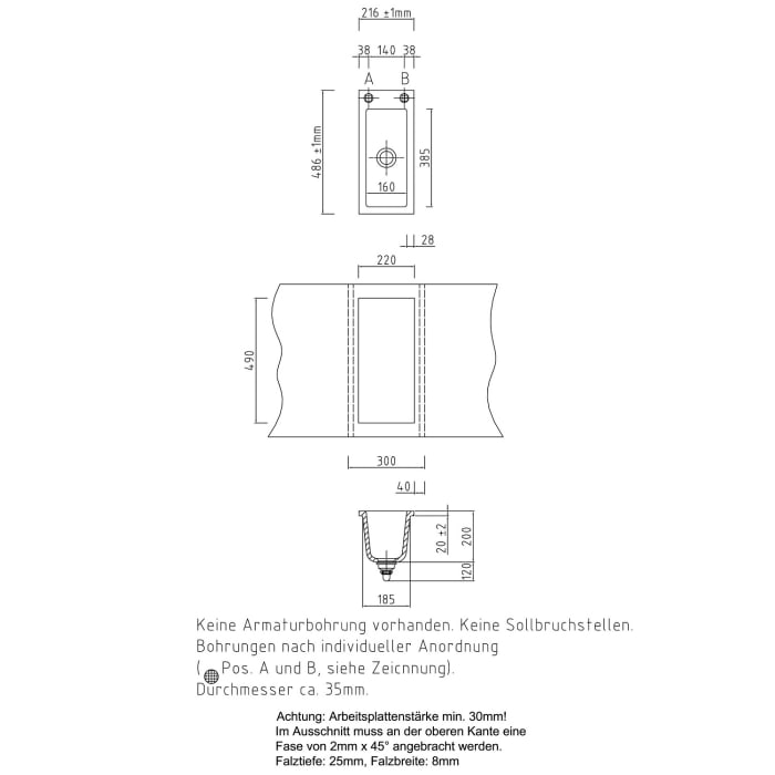 Systemceram Keradomo Mera 24 F Spüle für flächenbündigen Einbau mit Handbetätigung, ohne Hahnlochbohrung