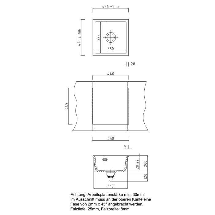 Systemceram Keradomo Mera 46 F/o Spüle für flächenbündigen Einbau mit Handbetätigung, ohne Hahnlochbohrung