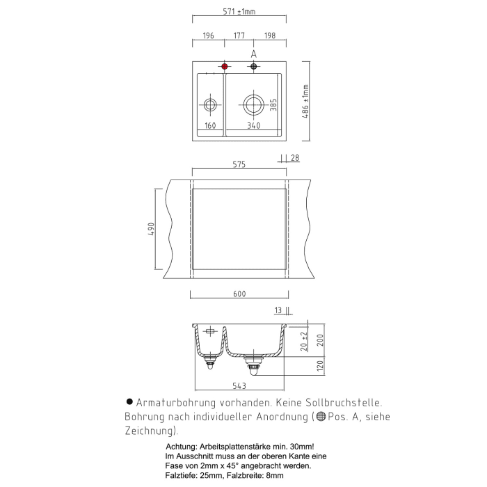 Systemceram Keradomo Mera 60 F Spüle für flächenbündigen Einbau mit Excenterbetätigung, inkl. Armaturbohrung