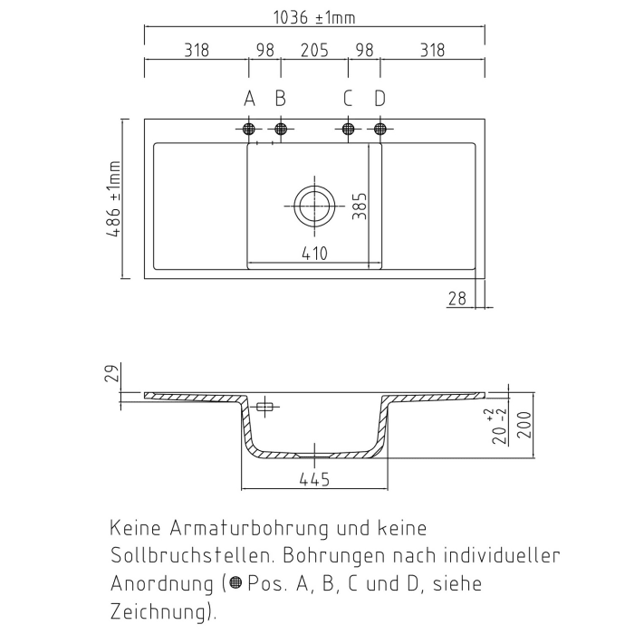 Systemceram Keradomo Middle F Spüle für flächenbündigen Einbau mit Excenterbetätigung, ohne Hahnlochbohrung
