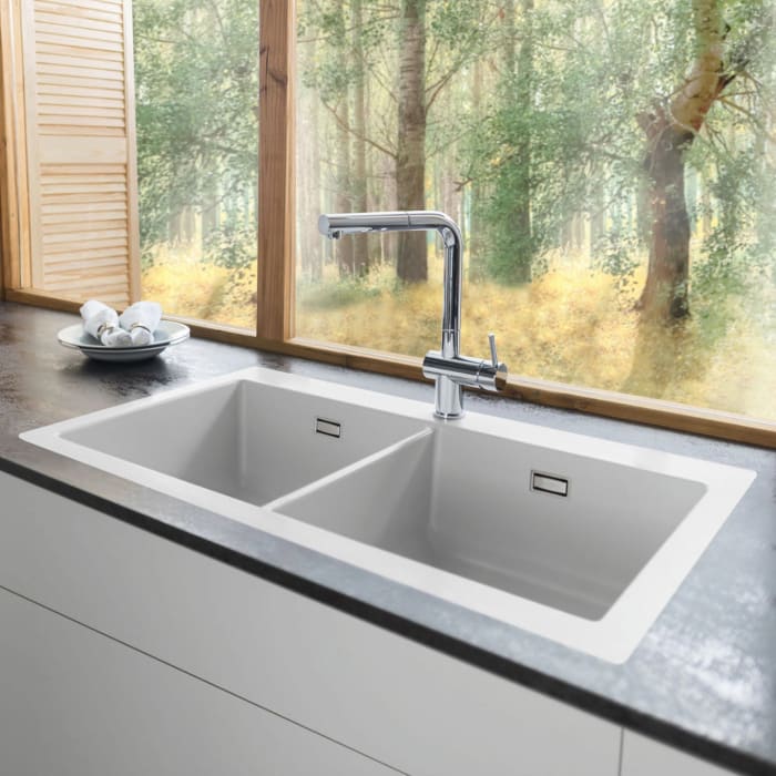 Systemceram Keradomo Mera Twin F Spüle für flächenbündigen Einbau mit Handbetätigung, inkl. Armaturbohrung