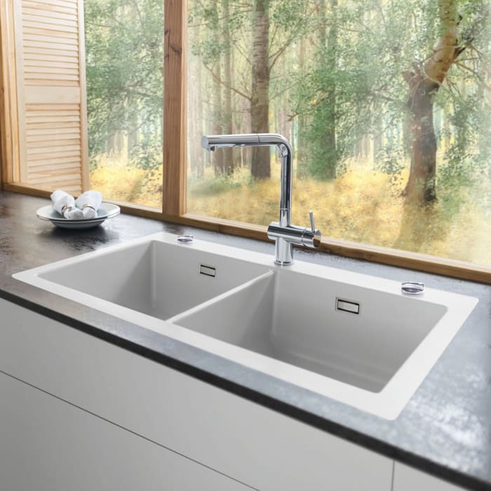 Systemceram Keradomo Mera Twin F Spüle für flächenbündigen Einbau mit Excenterbetätigung, inkl. Armaturbohrung