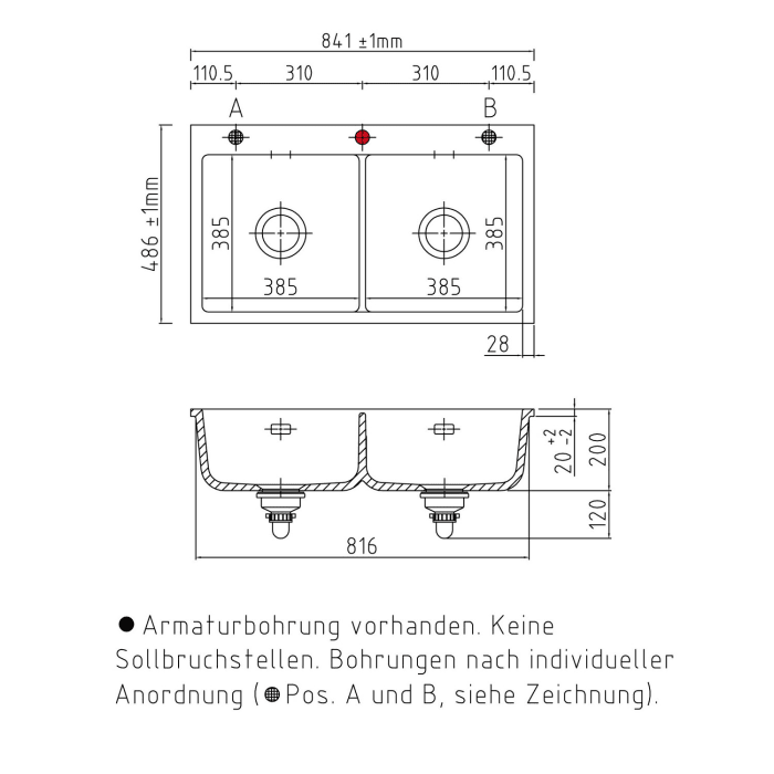 Systemceram Keradomo Mera Twin F Spüle für flächenbündigen Einbau mit Excenterbetätigung, inkl. Armaturbohrung