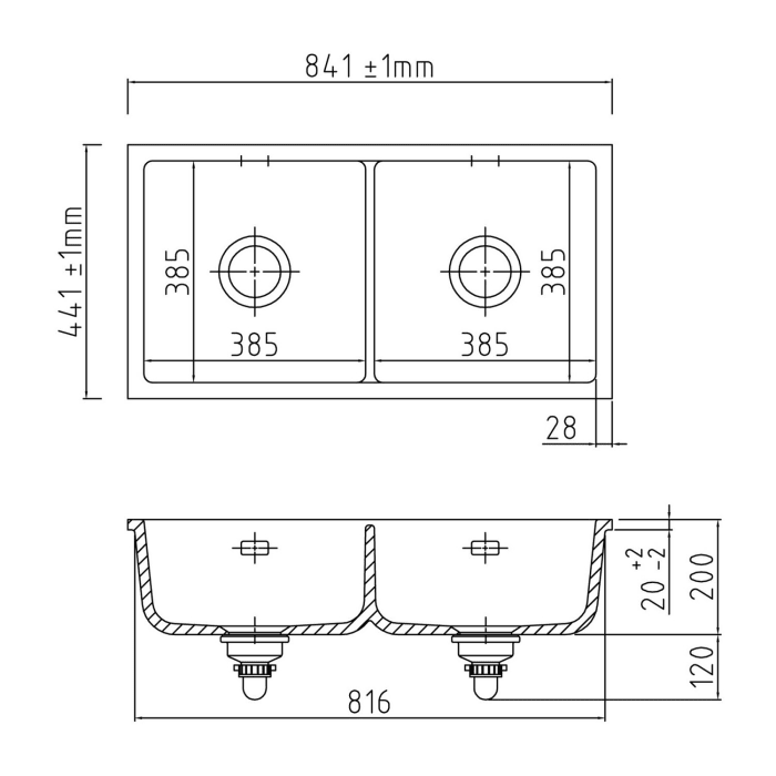 Systemceram Keradomo Mera Twin F/o Spüle für flächenbündigen Einbau mit Handbetätigung, ohne Hahnlochbohrung