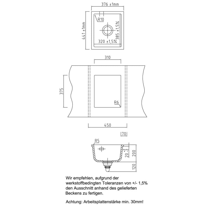 Systemceram Keradomo Mera 32 U Spüle zum Unterbau mit Excenterbetätigung