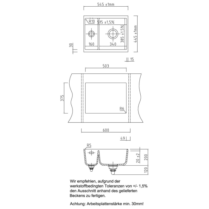Systemceram Keradomo Mera 60 U Spüle zum Unterbau mit Excenterbetätigung