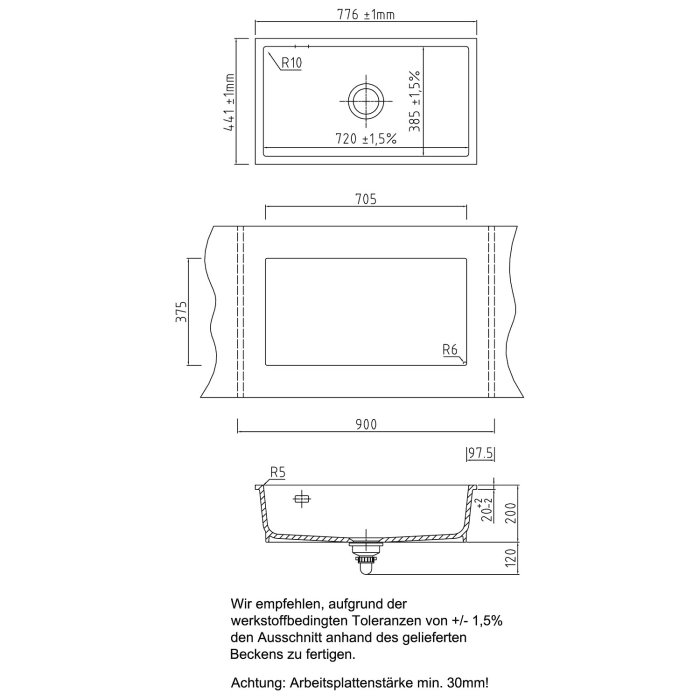 Systemceram Keradomo Mera 80 U Spüle zum Unterbau mit Excenterbetätigung