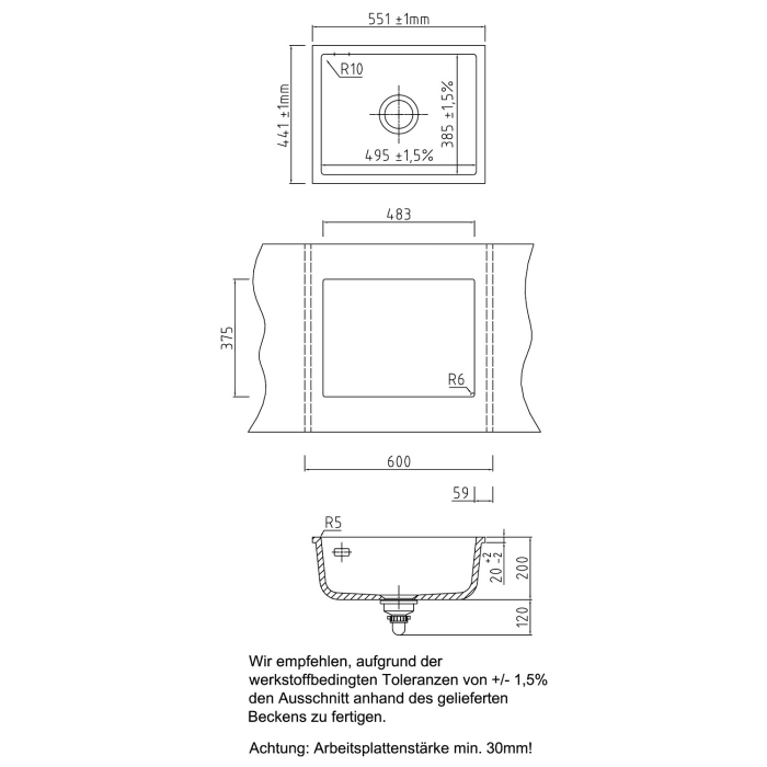 Systemceram Keradomo Mera 50 U Spüle zum Unterbau mit Excenterbetätigung