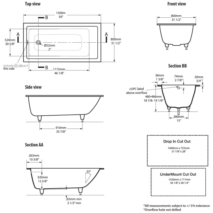Victoria & Albert Kaldera 5 Einbaubadewanne, 150 x 80 cm