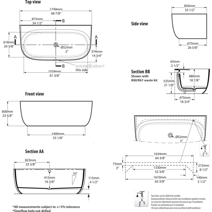 Victoria & Albert Eldon freistehende Badewanne, ohne Überlauf