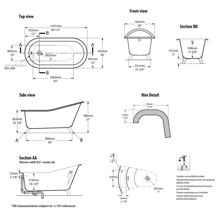 Victoria & Albert Shropshire freistehende Badewanne, Füße Messing poliert