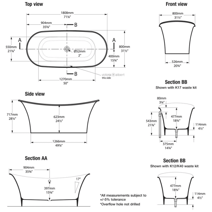 Victoria & Albert Toulouse 1800 freistehende Badewanne