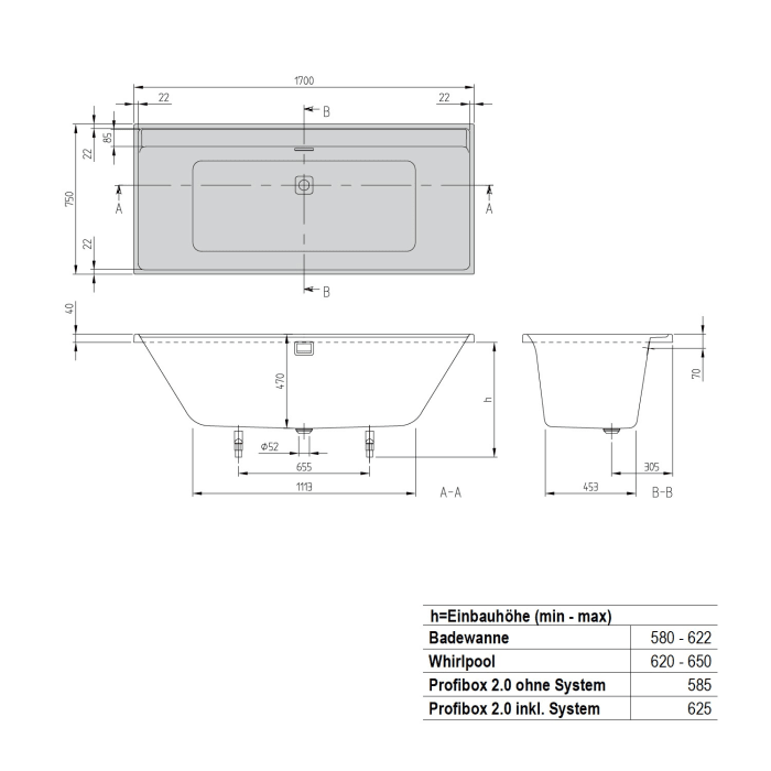 Villeroy & Boch Collaro Duo Badewanne rechteckig 170 x 75 cm