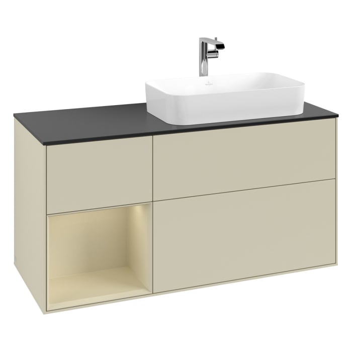 Villeroy & Boch Finion Waschtischunterschrank 120 cm mit Regalelement links, Abdeckplatte, Wandbeleuchtung