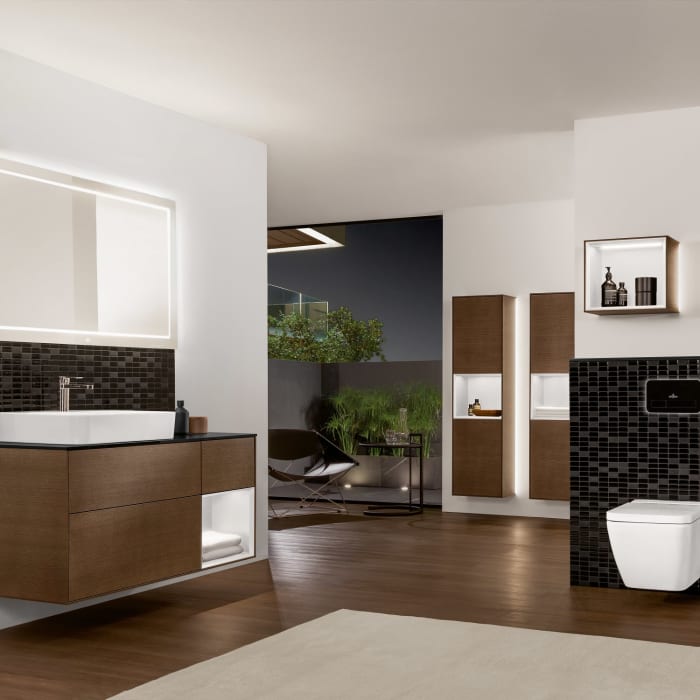 Villeroy & Boch Finion Hochschrank 151,6 cm mit Regalelement und Wandbeleuchtung, Anschlag links