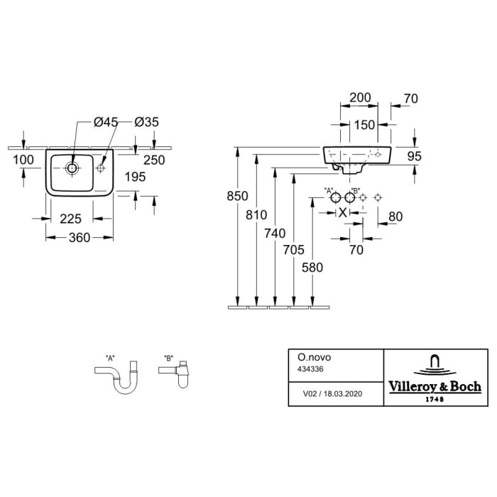 Villeroy & Boch O.novo Handwaschbecken compact 36 x 25 cm ohne Überlauf, Becken links
