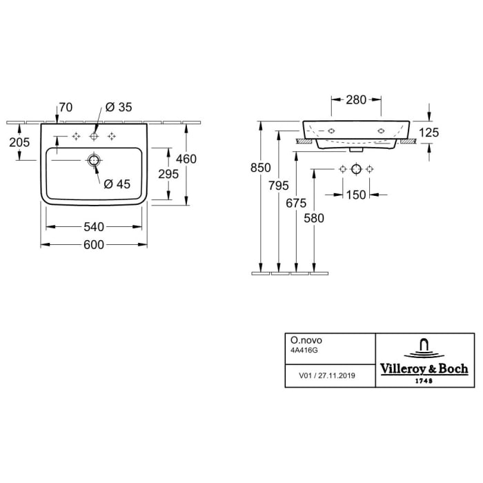 Villeroy & Boch O.novo Aufsatz-Waschtisch 60 x 46 cm ohne Überlauf, ohne Hahnloch