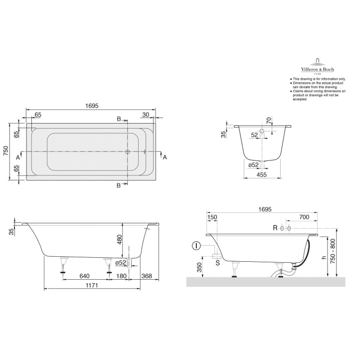 Villeroy & Boch Architectura Solo Badewanne 170 x 75 cm