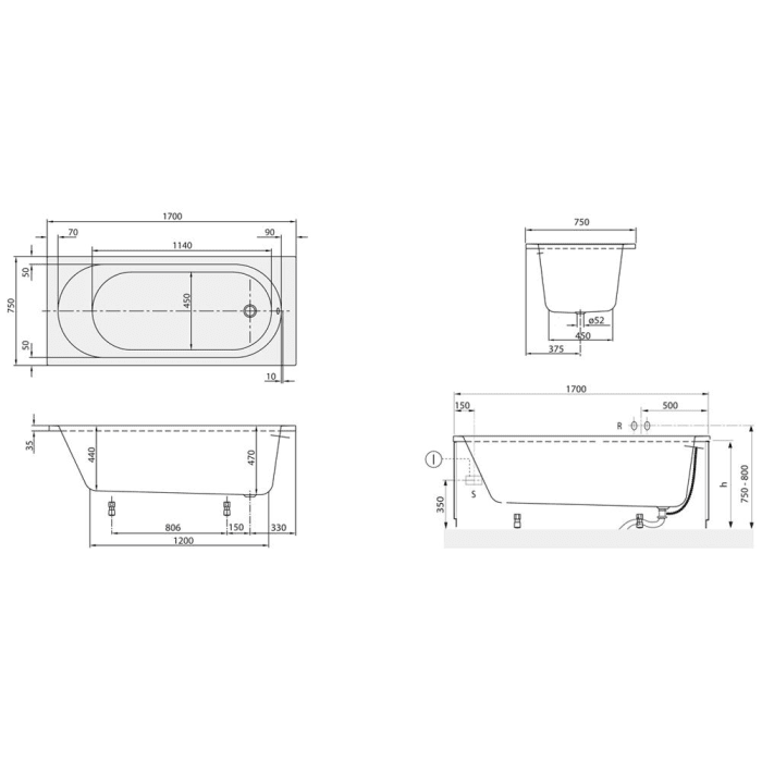 Villeroy & Boch O.novo Solo Badewanne 170 x 75 cm