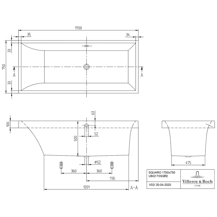 Villeroy & Boch Squaro Duo Badewanne 170 x 75 cm