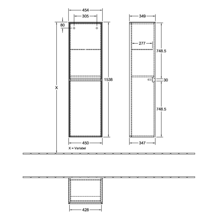 Villeroy & Boch Collaro Hochschrank 45,4 x 153,8 cm mit 2 Türen, Anschlag rechts