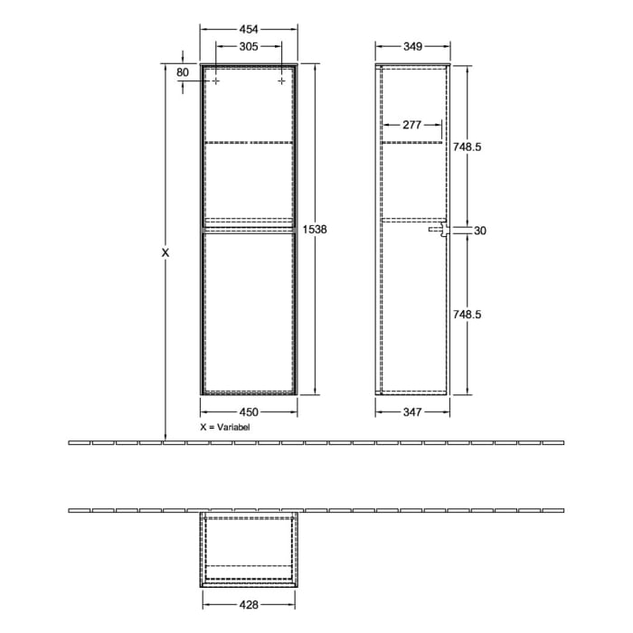 Villeroy & Boch Collaro Hochschrank 45,4 x 153,8 cm mit 2 Türen, Anschlag links
