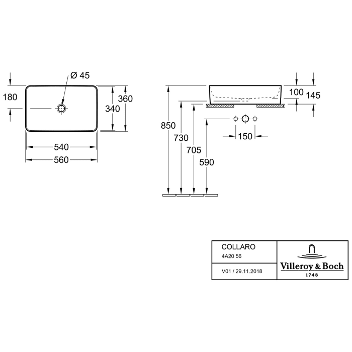 Villeroy & Boch Collaro Aufsatzwaschtisch 56 cm eckig ohne Überlauf, ohne Hahnloch