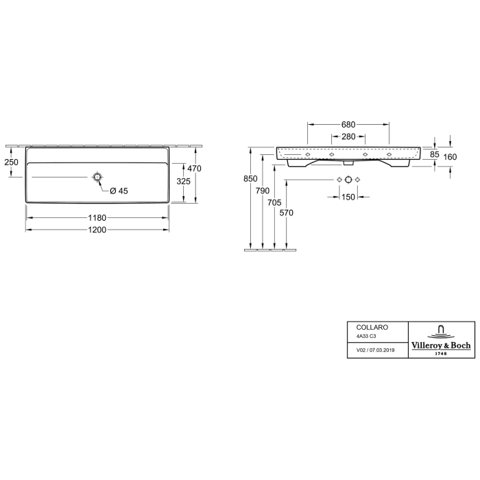 Villeroy & Boch Collaro Schrankwaschtisch 120 cm ohne Überlauf, ohne Hahnloch