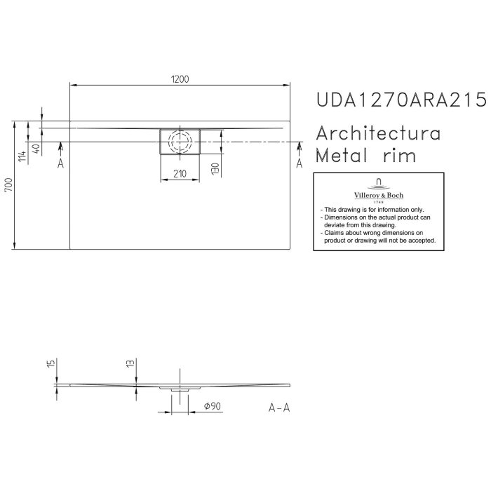 Villeroy & Boch Architectura Metalrim Duschwanne 120 x 70 x 1,5 cm mit Vilbogrip