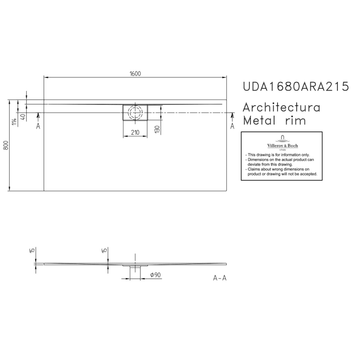 Villeroy & Boch Architectura Metalrim Duschwanne 160 x 80 x 1,5 cm