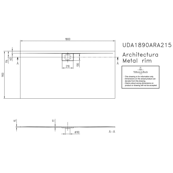 Villeroy & Boch Architectura Metalrim Duschwanne 180 x 90 x 1,5 cm mit Vilbogrip