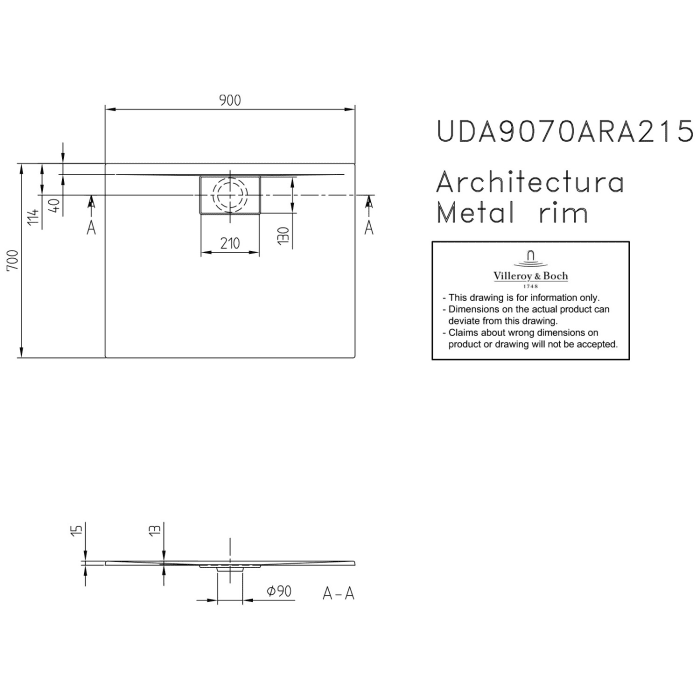 Villeroy & Boch Architectura Metalrim Duschwanne 90 x 70 x 1,5 cm