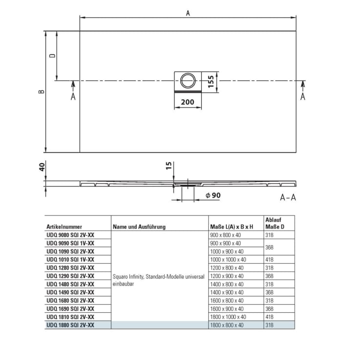 Villeroy & Boch Squaro Infinity Duschwanne 180 x 80 cm
