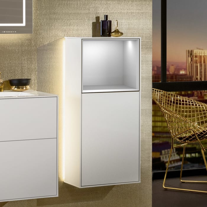 Villeroy & Boch Finion Seitenschrank 93,6 cm mit Regalelement oben, Wandbeleuchtung, Anschlag links