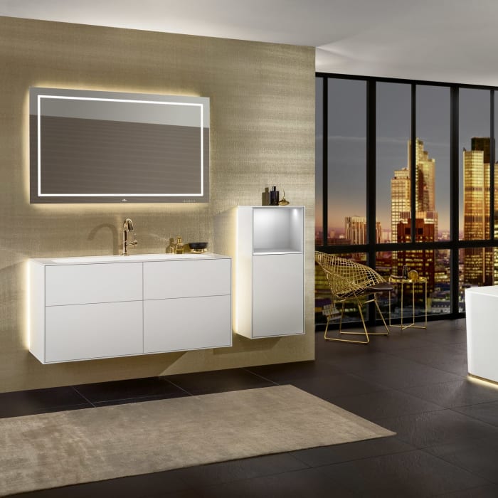 Villeroy & Boch Finion Seitenschrank 93,6 cm mit Regalelement oben, Wandbeleuchtung, Anschlag rechts