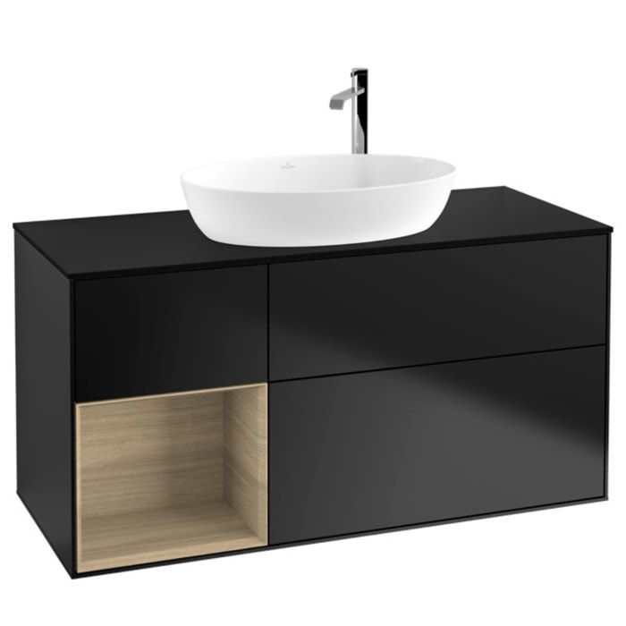 Villeroy & Boch Finion Waschtischunterschrank 120 cm mit Regalelement links, Abdeckplatte, Wandbeleuchtung