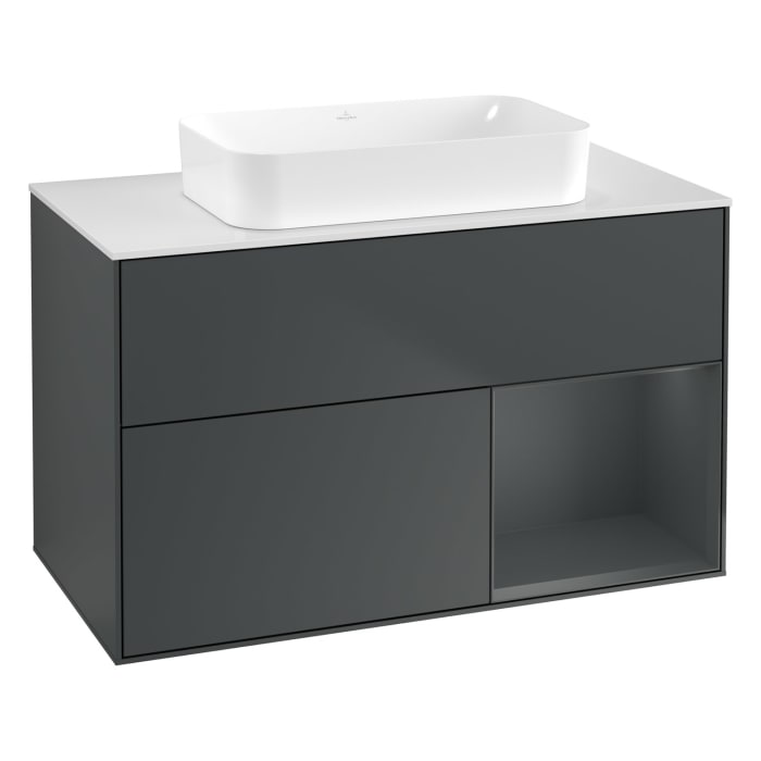Villeroy & Boch Finion Waschtischunterschrank 100 cm mit Regalelement rechts und Abdeckplatte, mit Wandbeleuchtung
